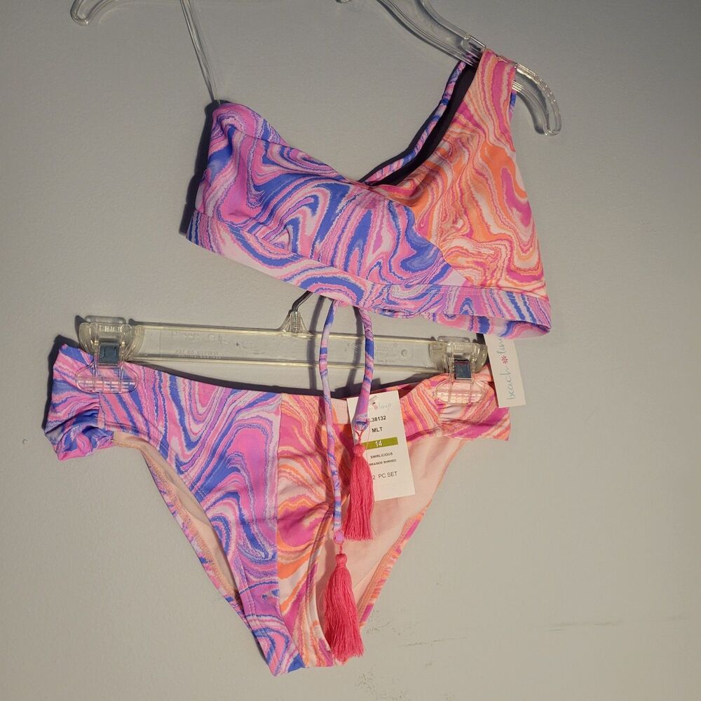 Beach Lingo Girls Swirlicious One Shoulder Bikini Set Size 14 NWT Orig $39